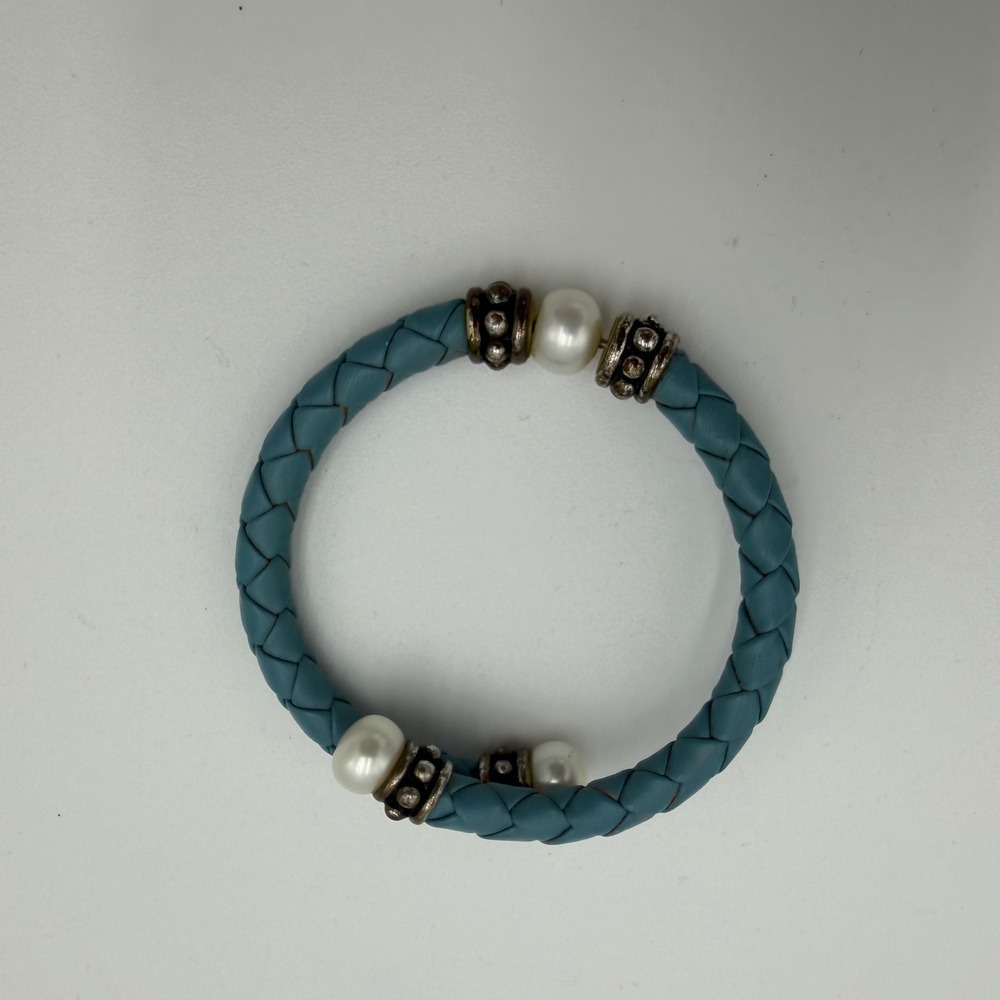 Braided Blue Leather Pearl Cuff Bracelet Antiqued Silver Accent Western Aztec